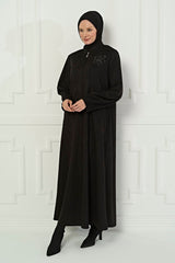 Unique Ribbed Sleeve Detailed Black Winter Abaya 3605 T22fr3m3605