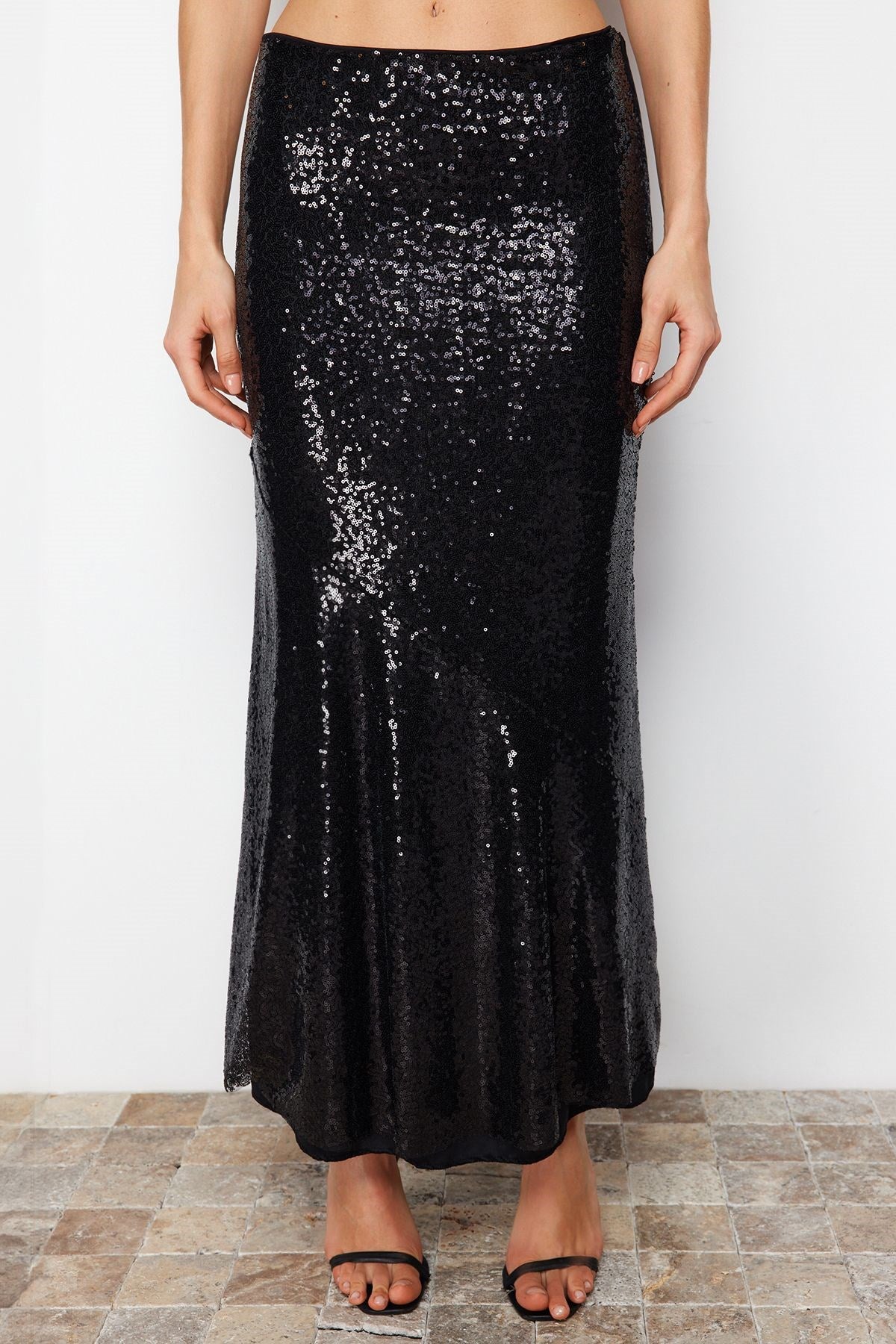 Black Sequin Long Woven Skirt Tprss24et00011