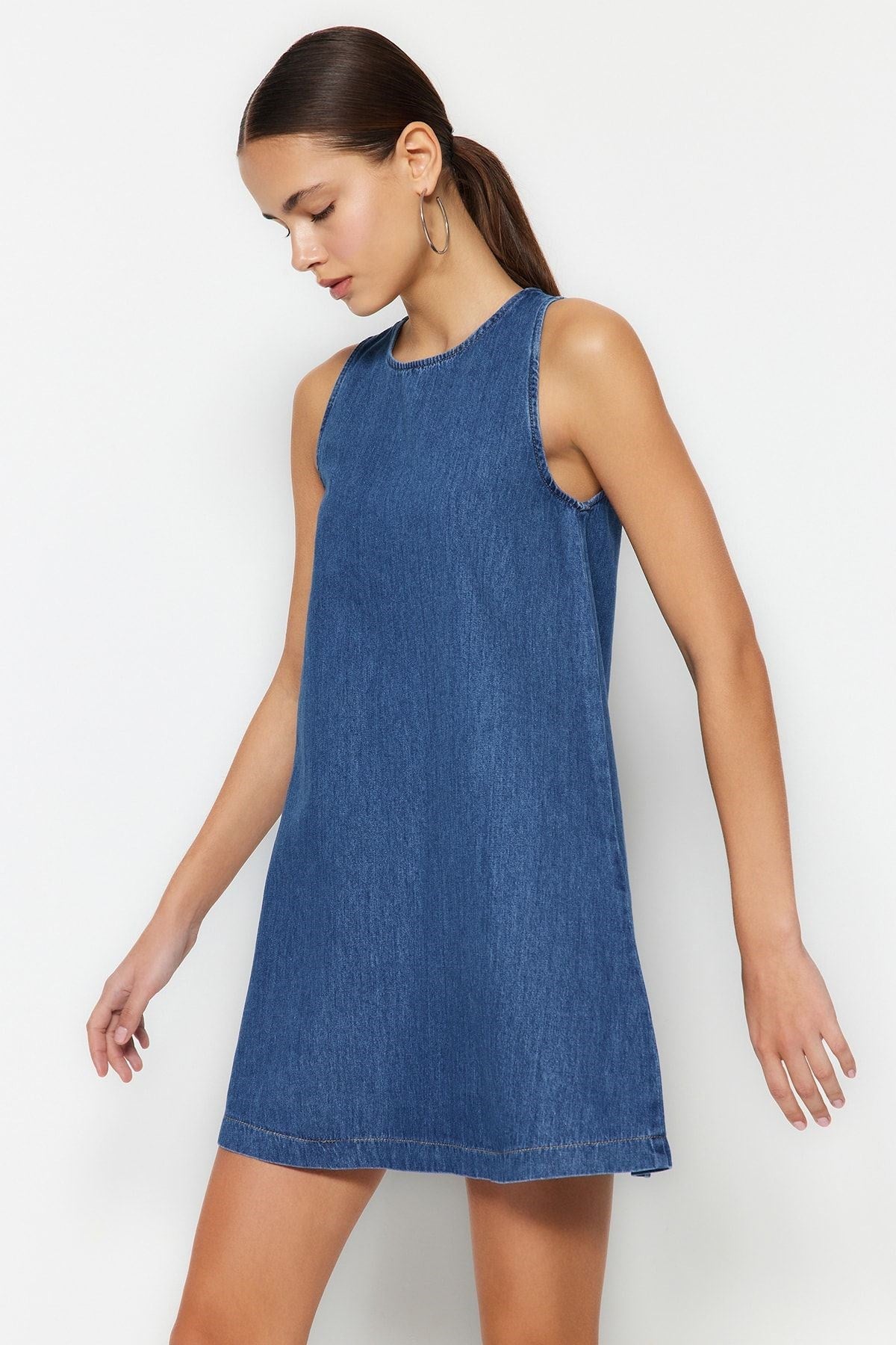 Dark Blue Pleated Denim Dress Twoss23el01942