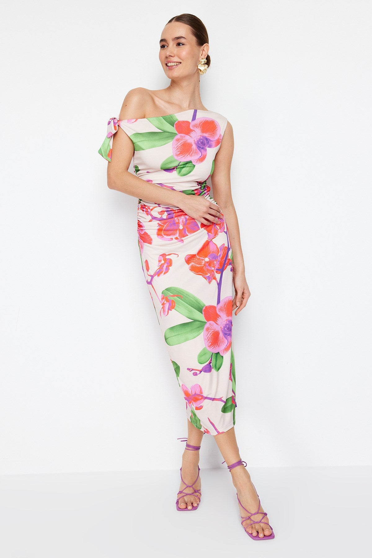 Limited Edition Multicolor Flower Printed Knitted Maxi Flexible Pencil Dress Twoss24el00563