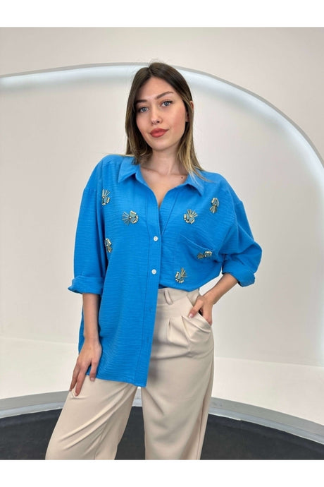 Green Embroidered Low Shoulder Oversize Shirt 4751