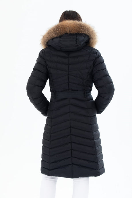 Women's Long Removable Fur Hooded Padded Waist Belt Waterproof Inflatable Coat 8529 1001m8529