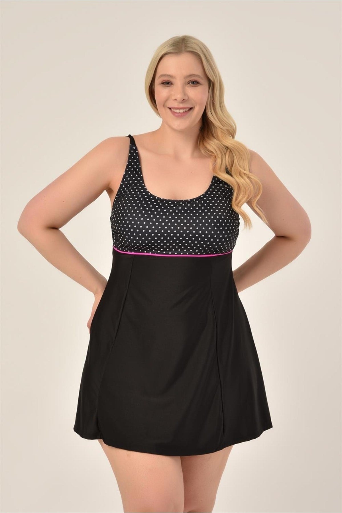 Women's Plus Size Black Mixed Pattern Jumper Interlock Adjustable Strap Stylish Dress Swimsuit 20231