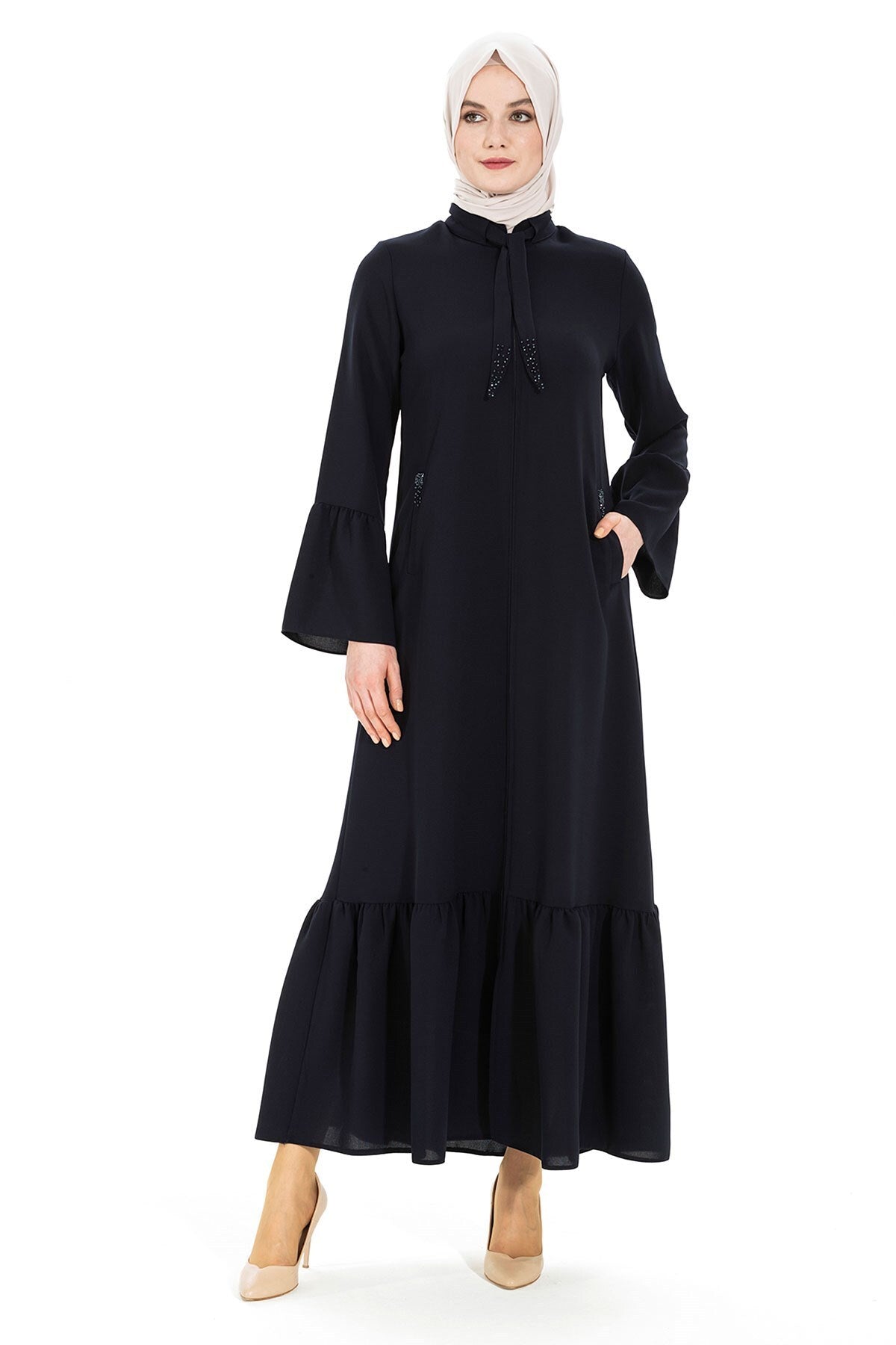 Black Abaya 3457 T22fr3m3457 With Lace-up Stone Embroidered Collar