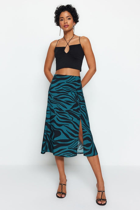 Black Slit Detailed Viscose Fabric Animal Print Midi Woven Skirt Twoaw22et0447