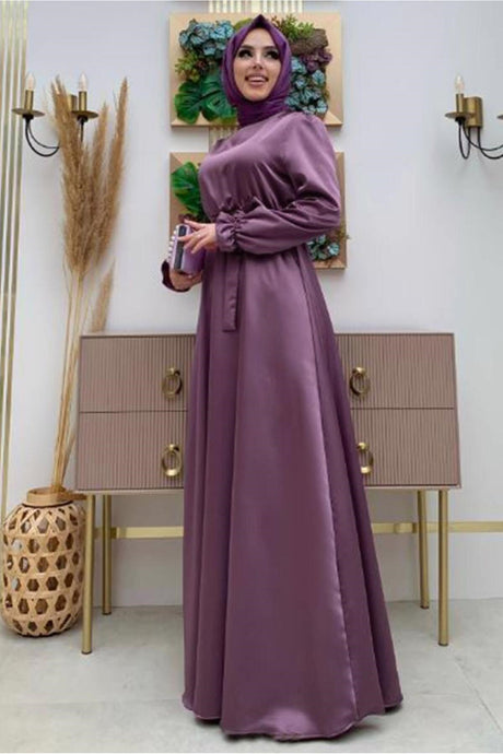 Women Purple Belted Cuffs Elastic Satin Evening Dress T 1973 23yabltr1973