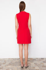 Red Plain Cut Button Detailed Mini Woven Dress Twoss24el00704