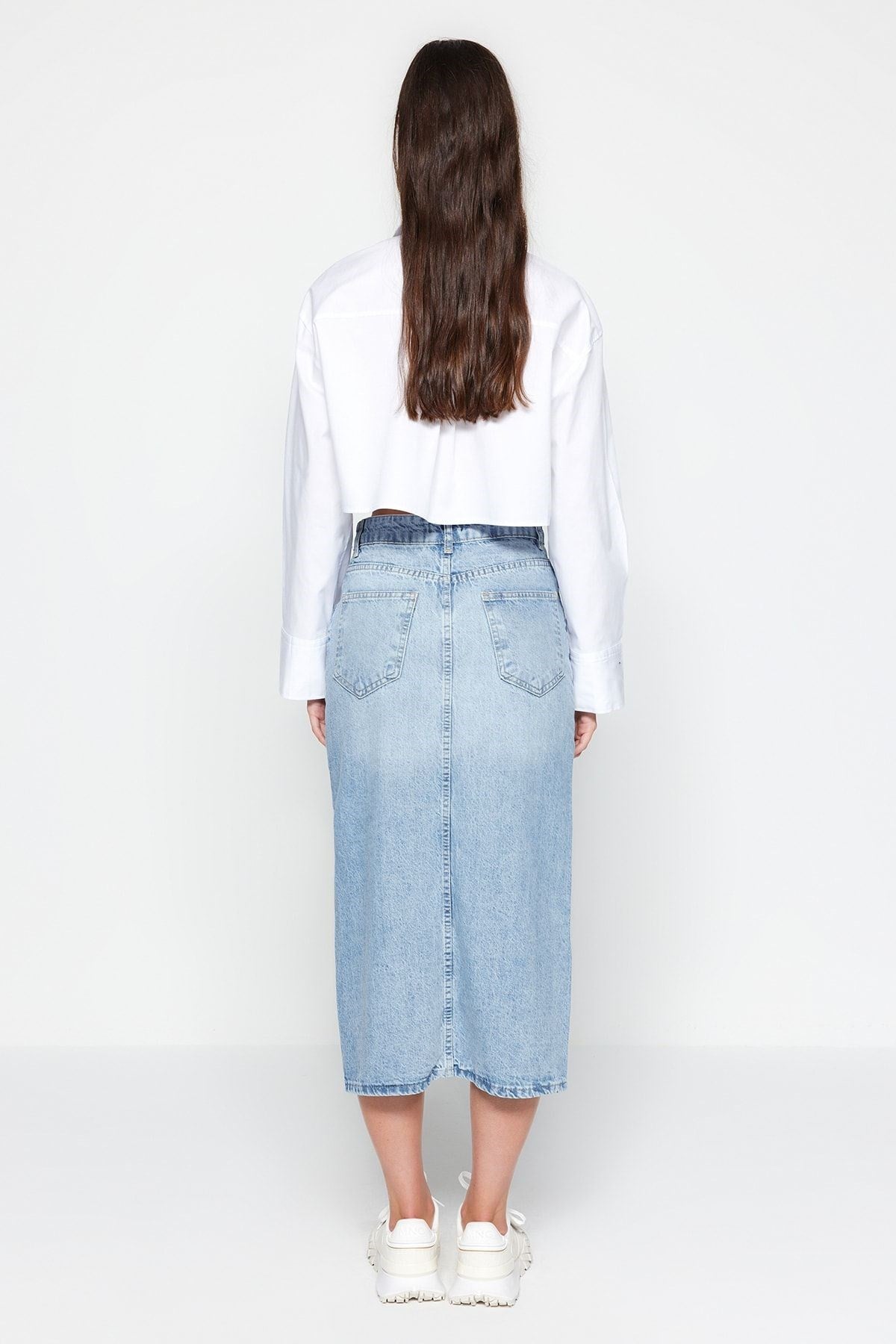 Blue Front Buttoned Slit Midi Denim Skirt Twoaw24et00063