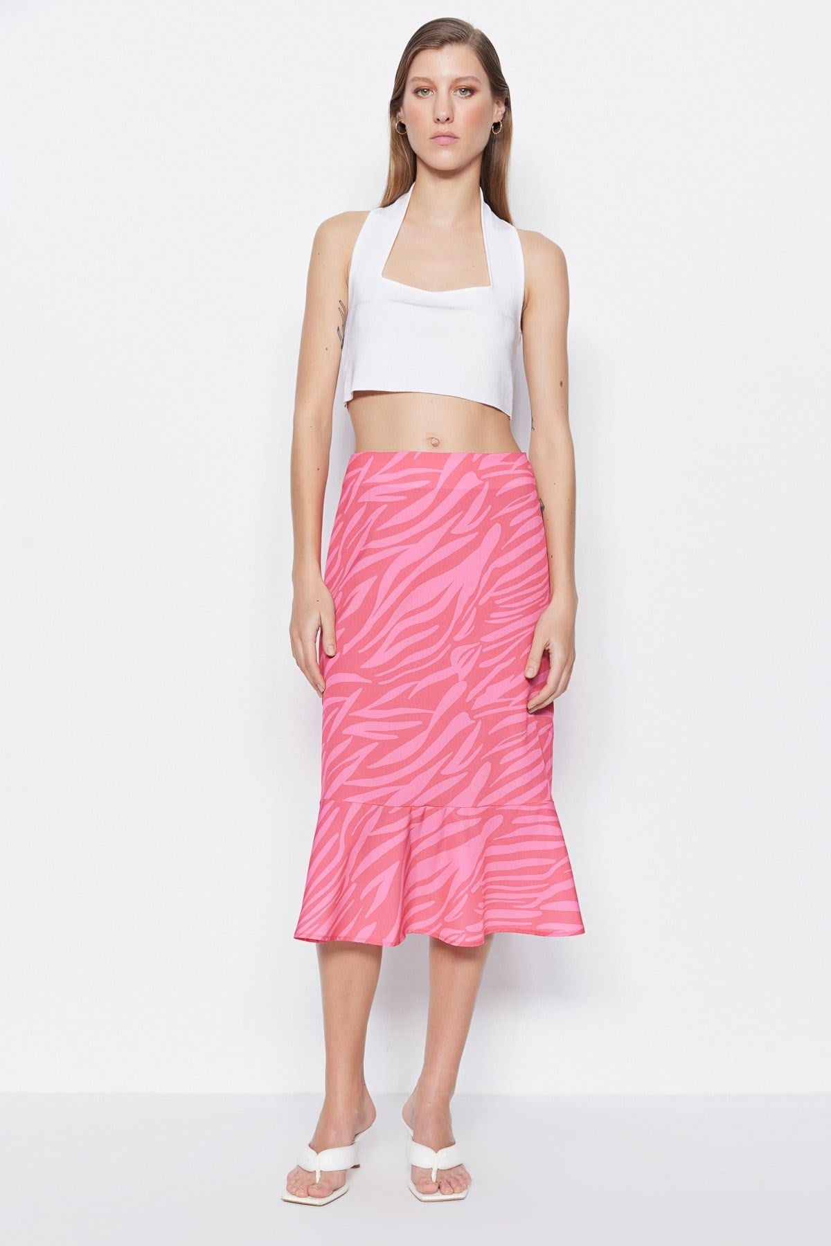 Pink Skirt-tip Ruffle Patterned Midi Woven Skirt Twoaw20et0241