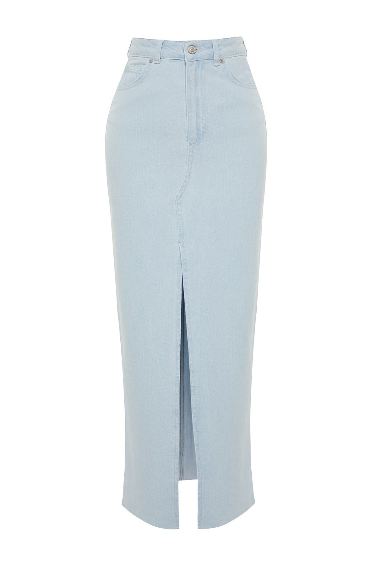 Light Blue Slit High Waist Maxi Denim Skirt Twoss24et00014