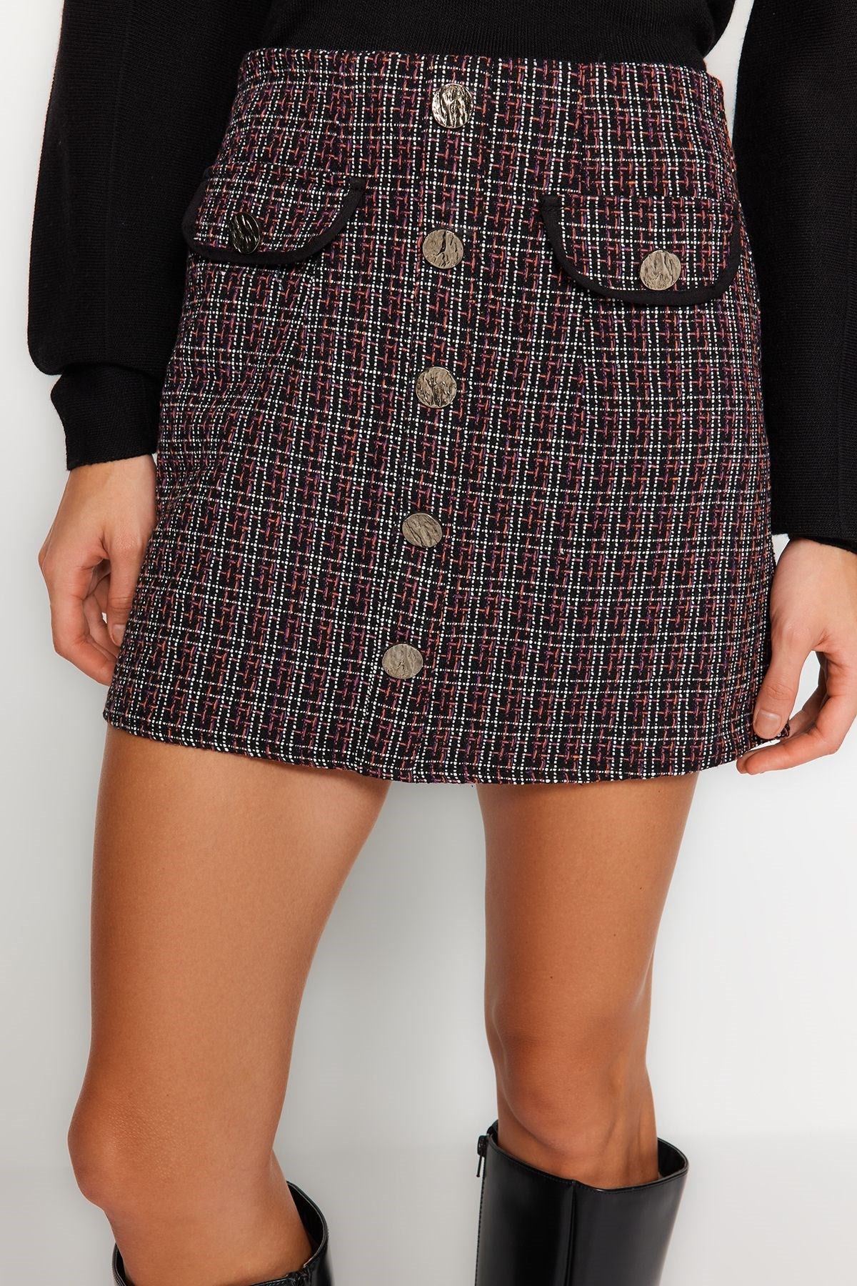 Brown Tweed Fabric Pocket And Button Detail Plaid Pattern Mini Woven Skirt Twoaw24et00220