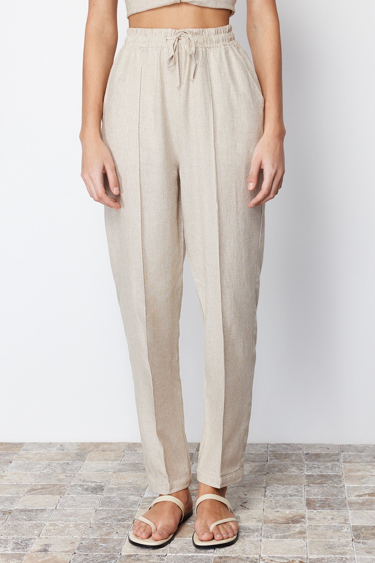 Beige Elastic Waist Straight/straight Cut Cotton Linen Woven Pants Twoss24pl00063