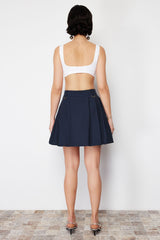 Navy Blue Pleated Buckle Detailed Mini Woven Skirt Twoss24et00115