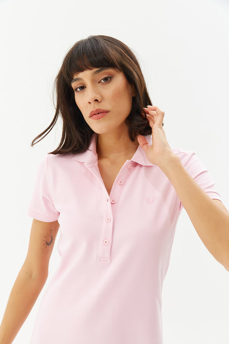 Women's Pink Cotton Polo Neck Basic Solid Color Short Sleeve Summer Long Length Casual And Sports Dr