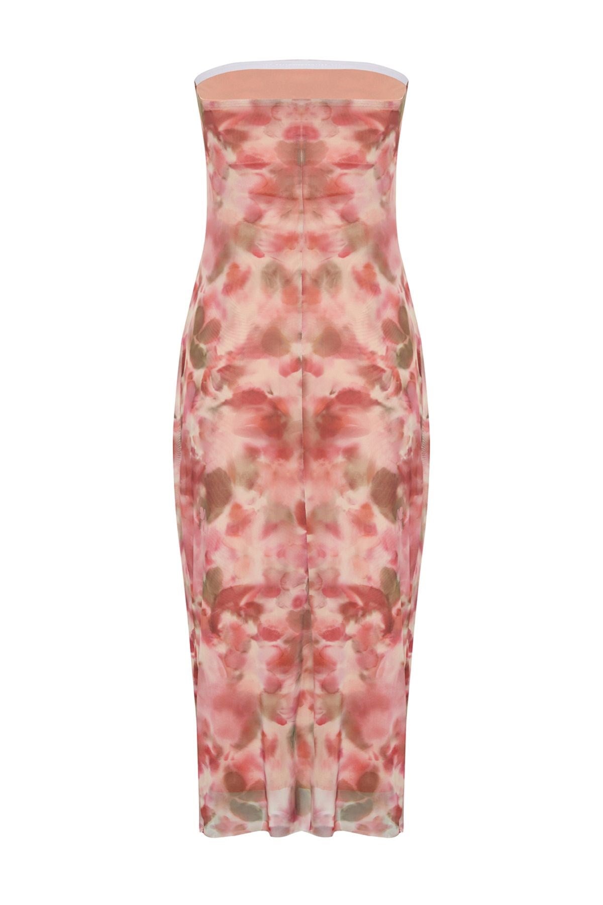 Pink Ruffle/drape Detailed Abstract Patterned Body Fit Maxi Flexible Knitted Pencil Dress Twoss24el0