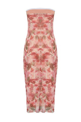 Pink Ruffle/drape Detailed Abstract Patterned Body Fit Maxi Flexible Knitted Pencil Dress Twoss24el0