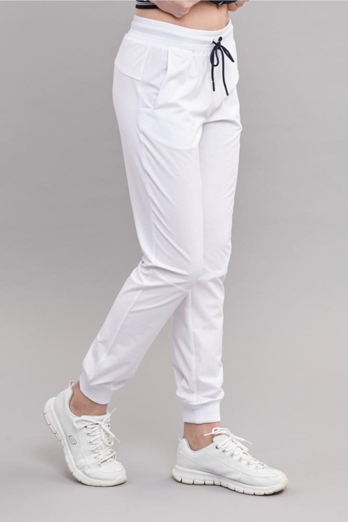 Women's White Woven Lycra Slim Bi-strech Solid Color Pockets Ribana Leg Sports Casual Sweatpants 352