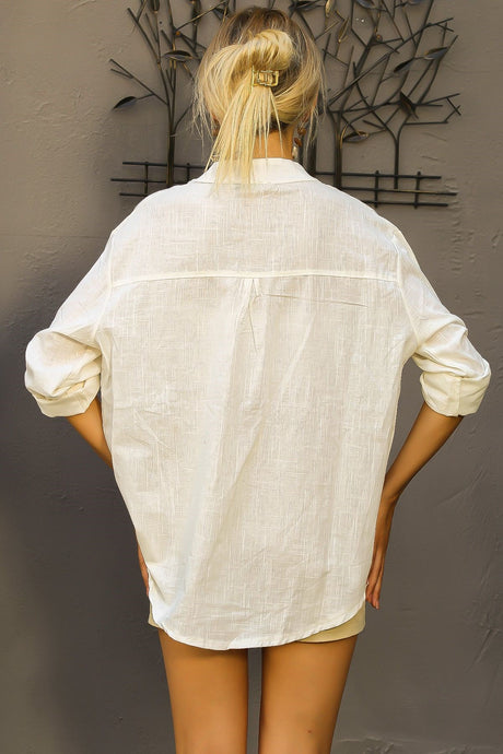 Cream Color Patched Collar Long Sleeve Solid Color Buttoned Single Pocket Woven Blouse M10010200bl92