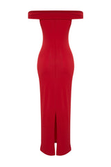 Red Maxi Body Sitting Carmen Collar Flexible Knitted Maxi Pencil Dress Twoss24el00254