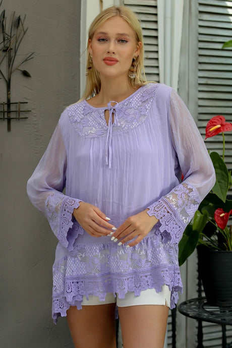 Italian Green Boat Neck Long Sleeve Tie Sleeve And Skirt End Lace Woven Blouse M10010200bl93037