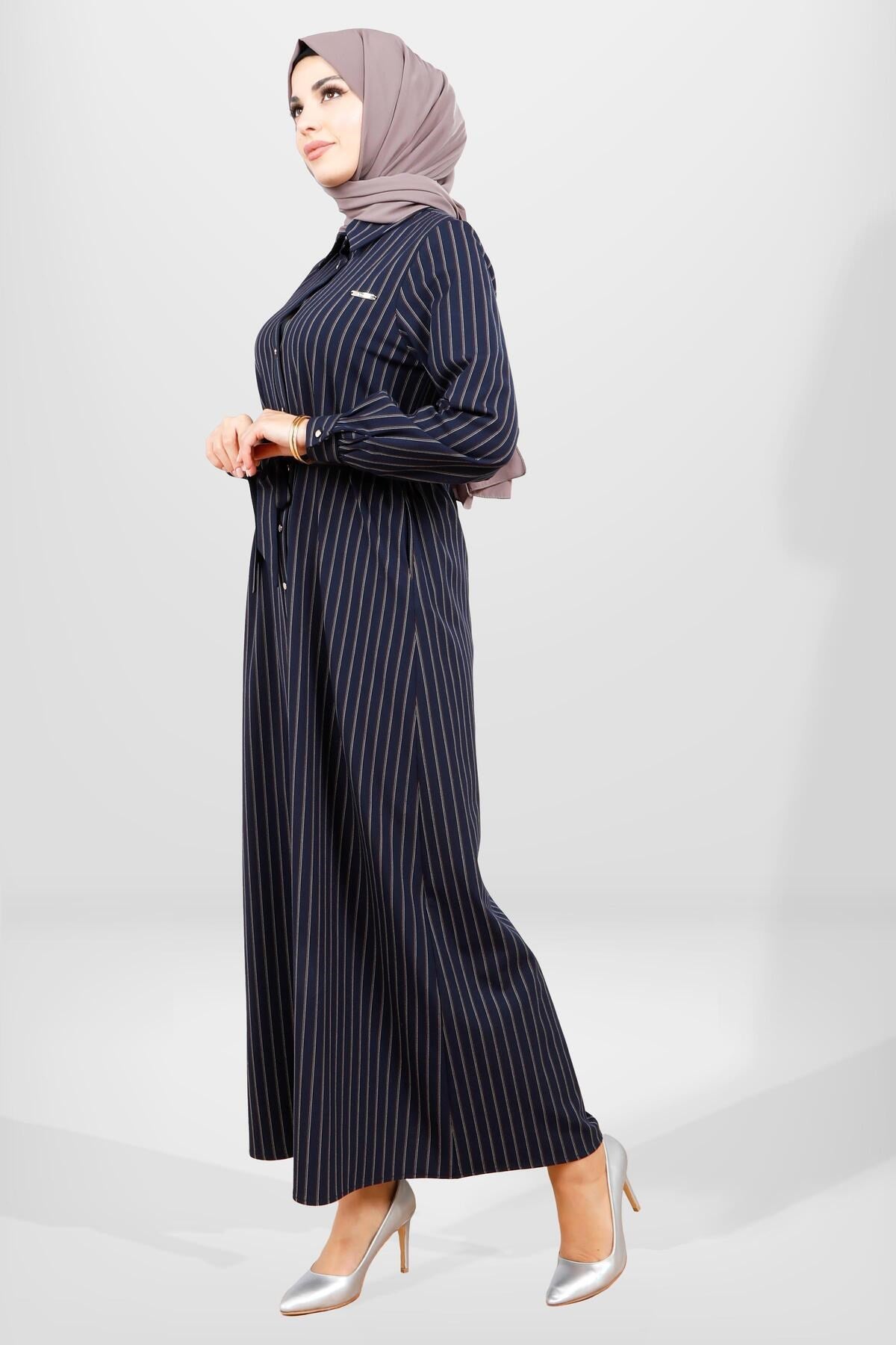 5559 Grey Striped Burkini Winter Dress T24elbk5559