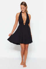 Black Mini Woven Back Neckline Beach Dress Tbess23el00061