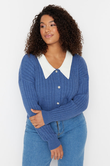 Indigo Ribbed Collar Detail Buttoned Knit Cardigan Tbbaw23av00084