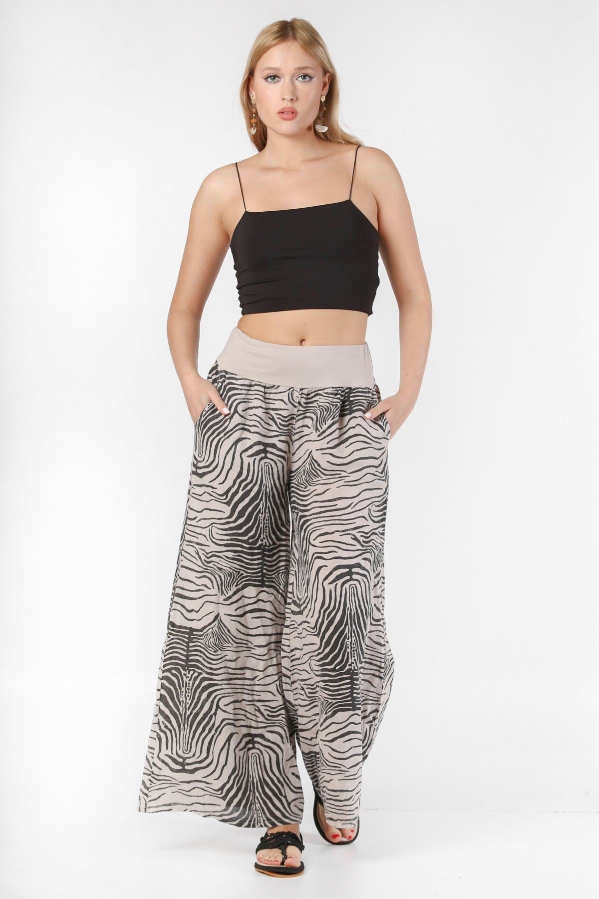 Italian Black And White Zebra Pattern Elastic Waist Linen. Woven Pants M10060000pn98340