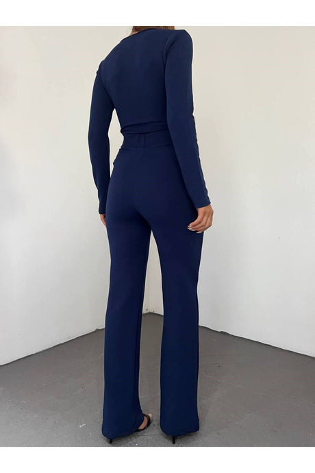 Women's Navy Blue Double Blouse Pants Bottom Top Suit Tkmp