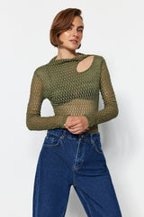 Anthracite Transparent Textured Cut Out/window Detailed Fitted/body Fit Knitted Blouse Twoaw24bz0029