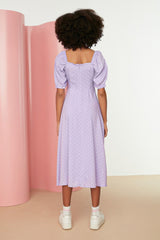 Lilac A Cut Ruffle Polka Dot Midi Woven Dress Twoss21el0511