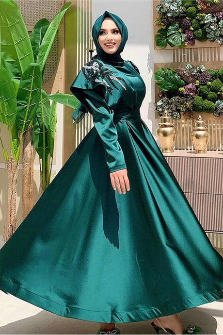 Women's Green (emerald) Stone Detailed Ruffle Evening Dress T 7099 22yabltr7099