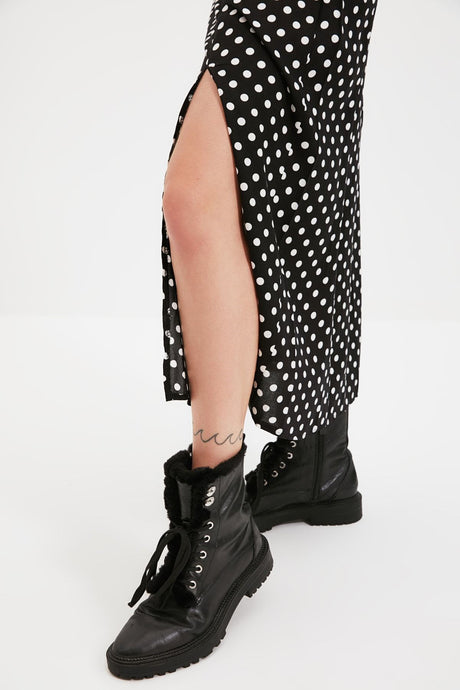 Black Polka Dot Slit Detail Viscose Fabric Midi Woven Skirt Twoaw20et0205