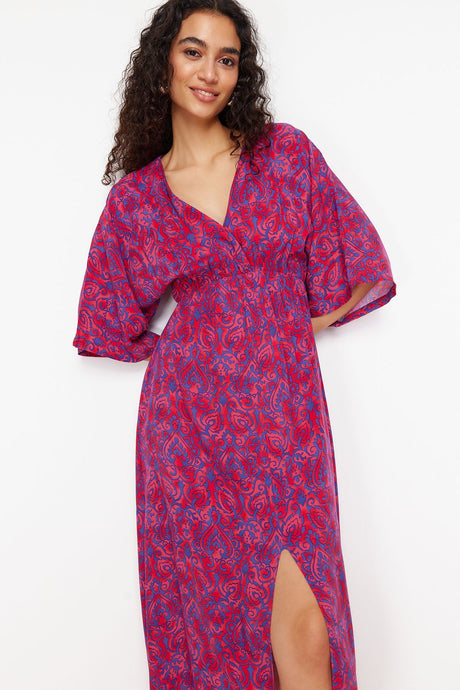 Fuchsia Floral Print A Cut Double Neck Midi Woven Dress Twoss24el00913