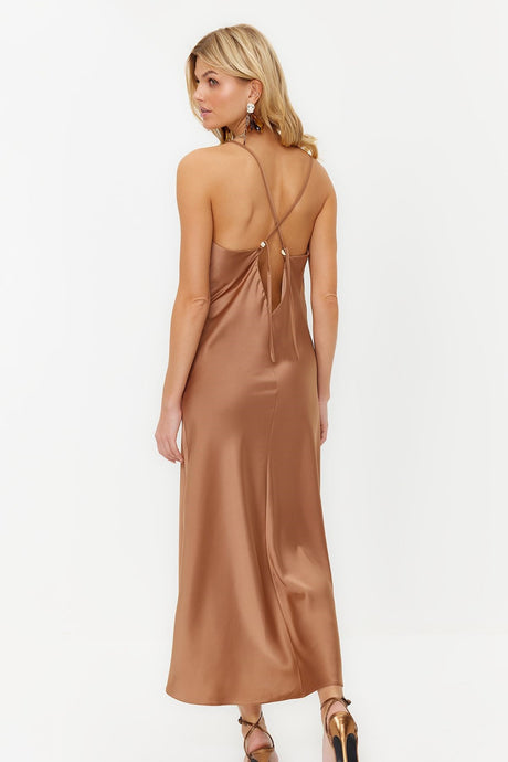 Brown Accessorized Satin Dress Tprss24el00002