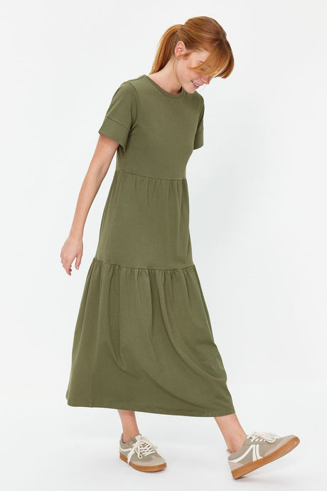 Khaki Ruffle Short Sleeve Knitted Maxi Dress Twoss24el00132