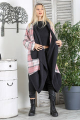 Black And White Handkerchief Collar Long Sleeve Plaid Double Pockets Long Fit Woven Slipknot Coat M1