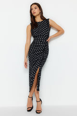 Black Polka Dot Back Neckline Slit Detailed Maxi Flexible Knitted Pencil Dress Twoss23el02326