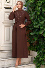 Stone Embroidered Belted Dress Brown Hm2220