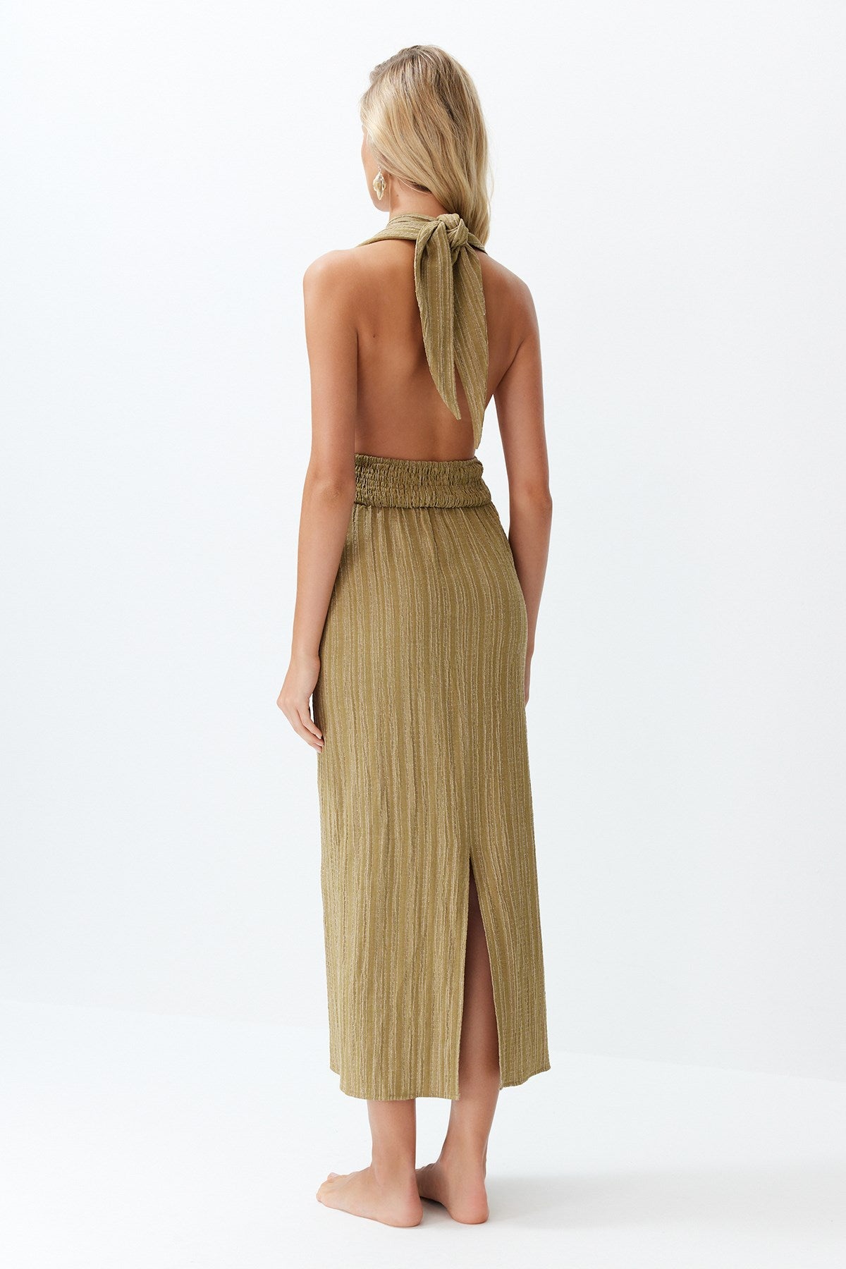 Khaki Maxi Woven Back Halter Linen Blend Beach Dress Tbess24el00096