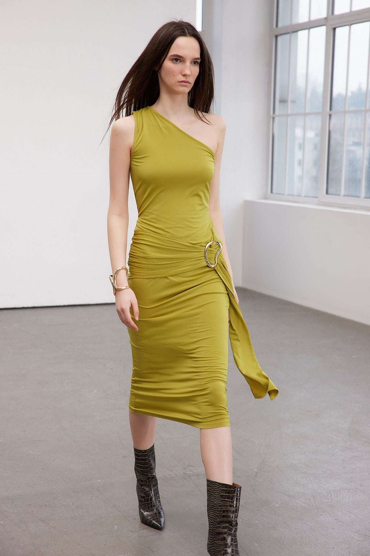 Limited Edition Oil Green Accessory Detailed Maxi Flexible Knitted Pencil Dress Twoss24el00564