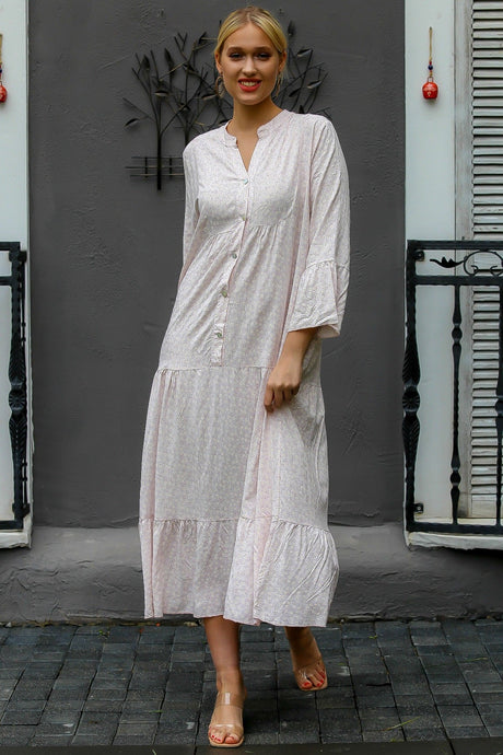 Women's Pink Italian Half Patched Buttoned Ruffle Sleeve Crispy Pattern Oversize Long Dress M1016000