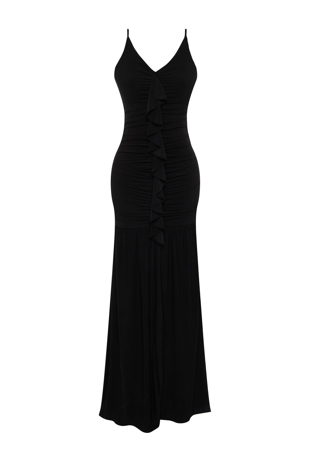 Black Body Sitting Ruffle Long Night Evening Dress Tprss24ae00015