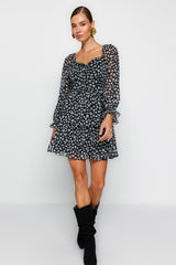 Black Pattern Neckline Flounce Dress Twoaw23el01455