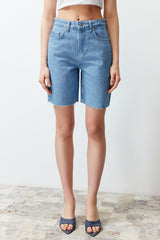 Light Blue Ripped High Waist Denim Shorts & Bermuda Twoss24sr00063