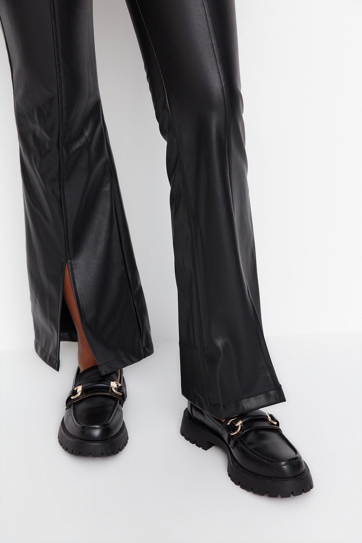 Black Flare Spanish Leg Woven Faux Leather Leg Slit Detailed Pants Twoaw23pl00056