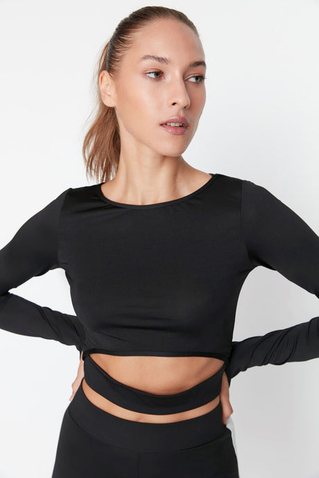 Black Crop Window/cut Out And Thumb Hole Detailed Sports Blouse Twoaw21bz0156