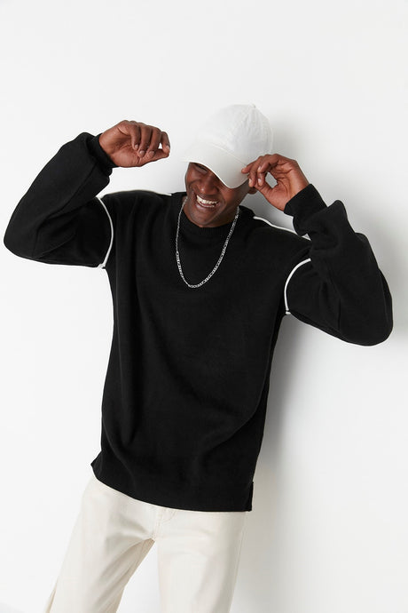 Black Men's Oversize Crew Neck Blouse Detailed Knitwear Sweater Tmnaw22kz0142