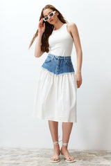 Blue Color Block High Waist Midi Denim Skirt Twoss24et00142