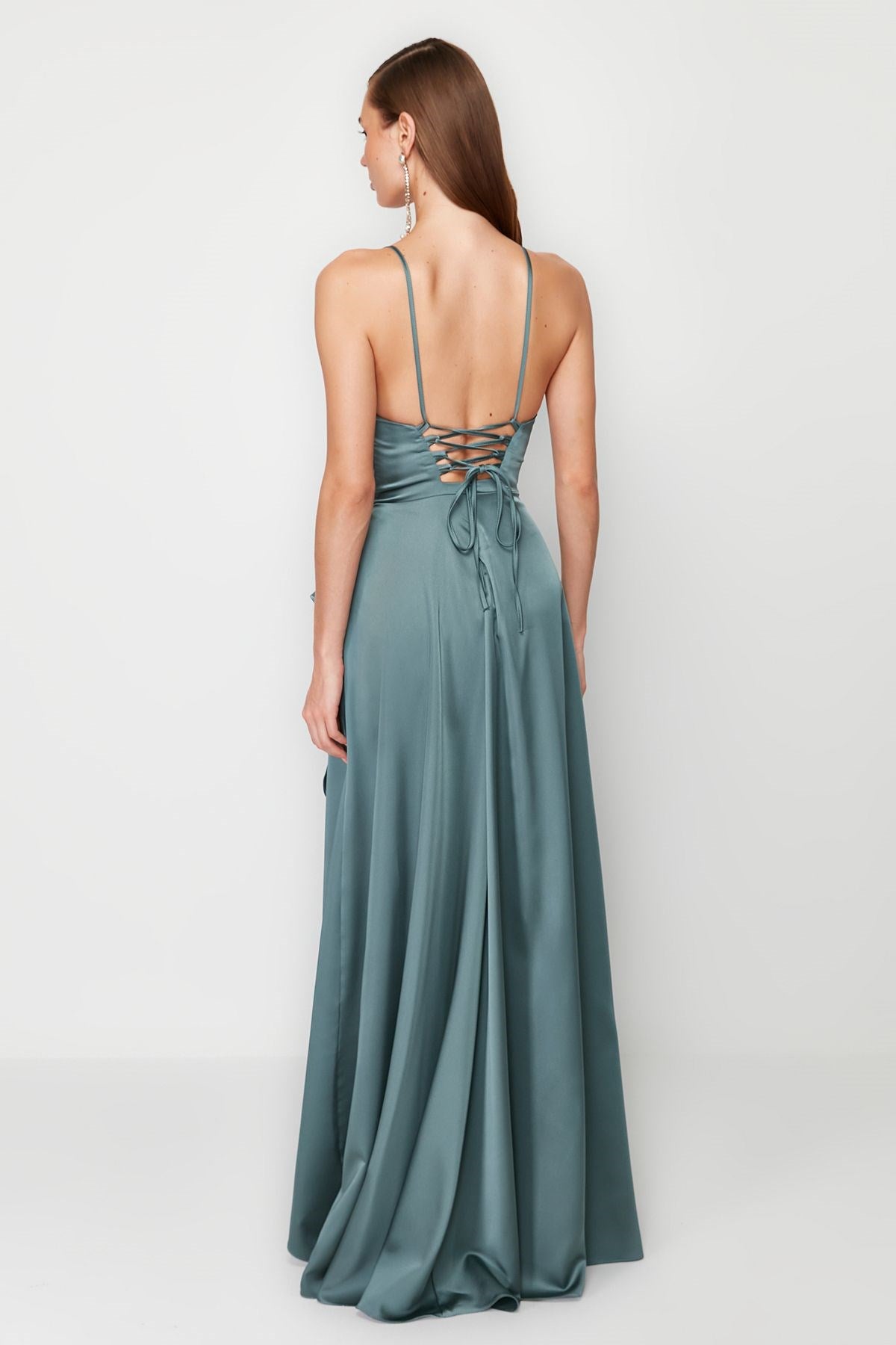 Blue Draped Satin Long Night Evening Dress Tprss24ae00112